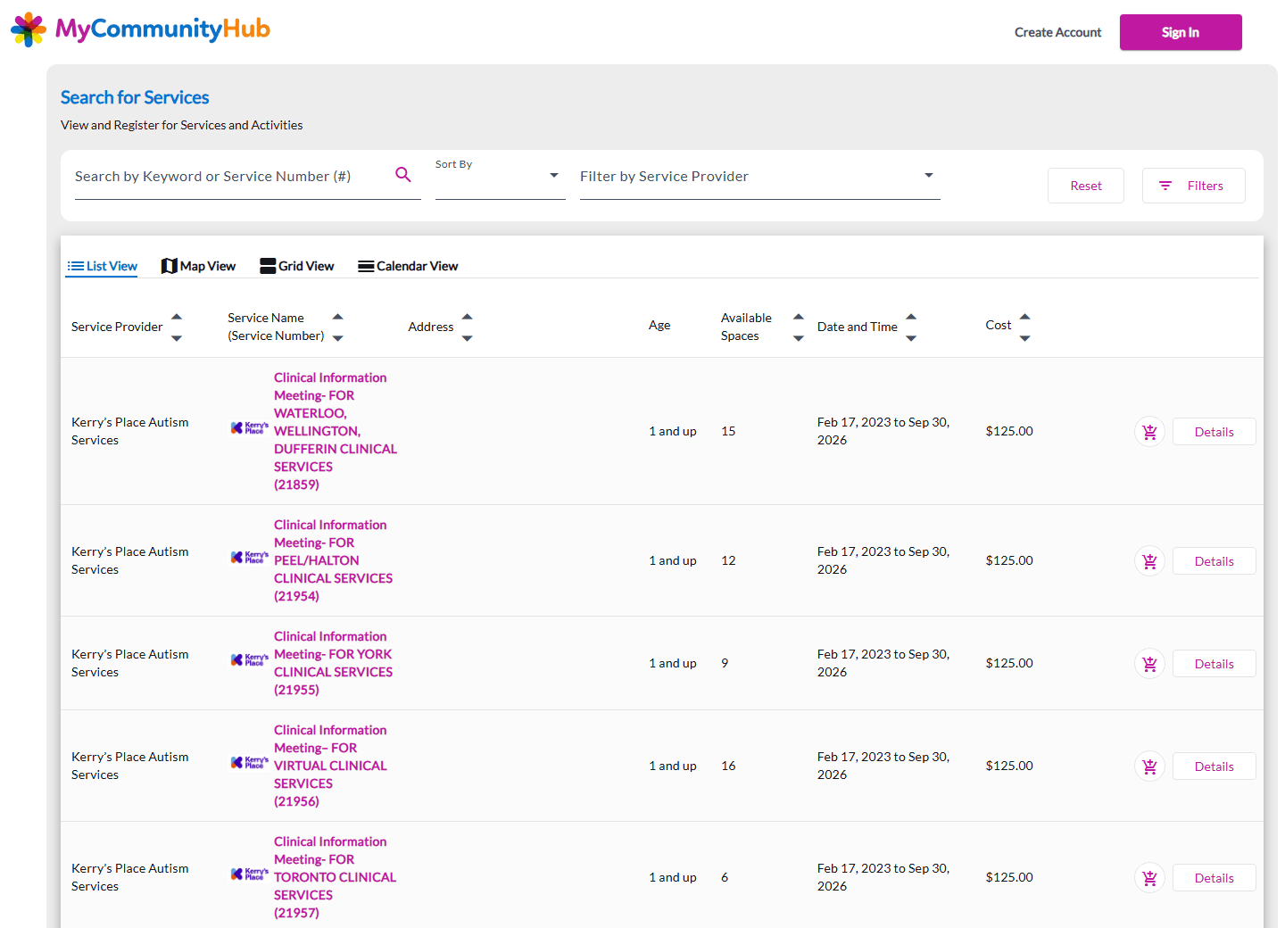 MyCommunityHub's Search for Services screen — a searchable, filterable catalogue of programs with list, map, grid and calendar views, showing provider, service number, age range, available spaces, dates and cost