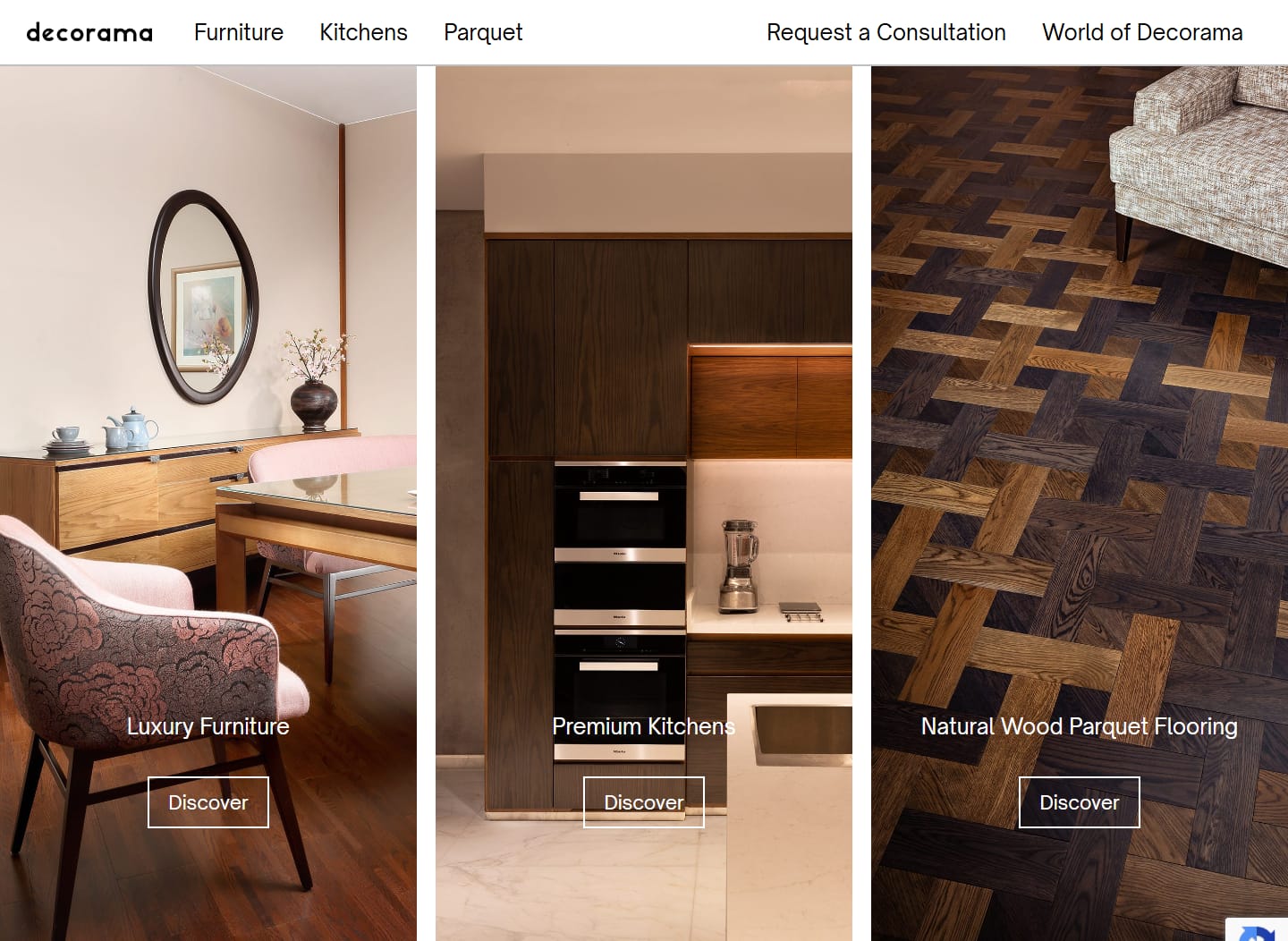 The Decorama website — a three-panel entry splitting Luxury Furniture, Premium Kitchens and Natural Wood Parquet Flooring, each a full-height room photograph with its own Discover call to action