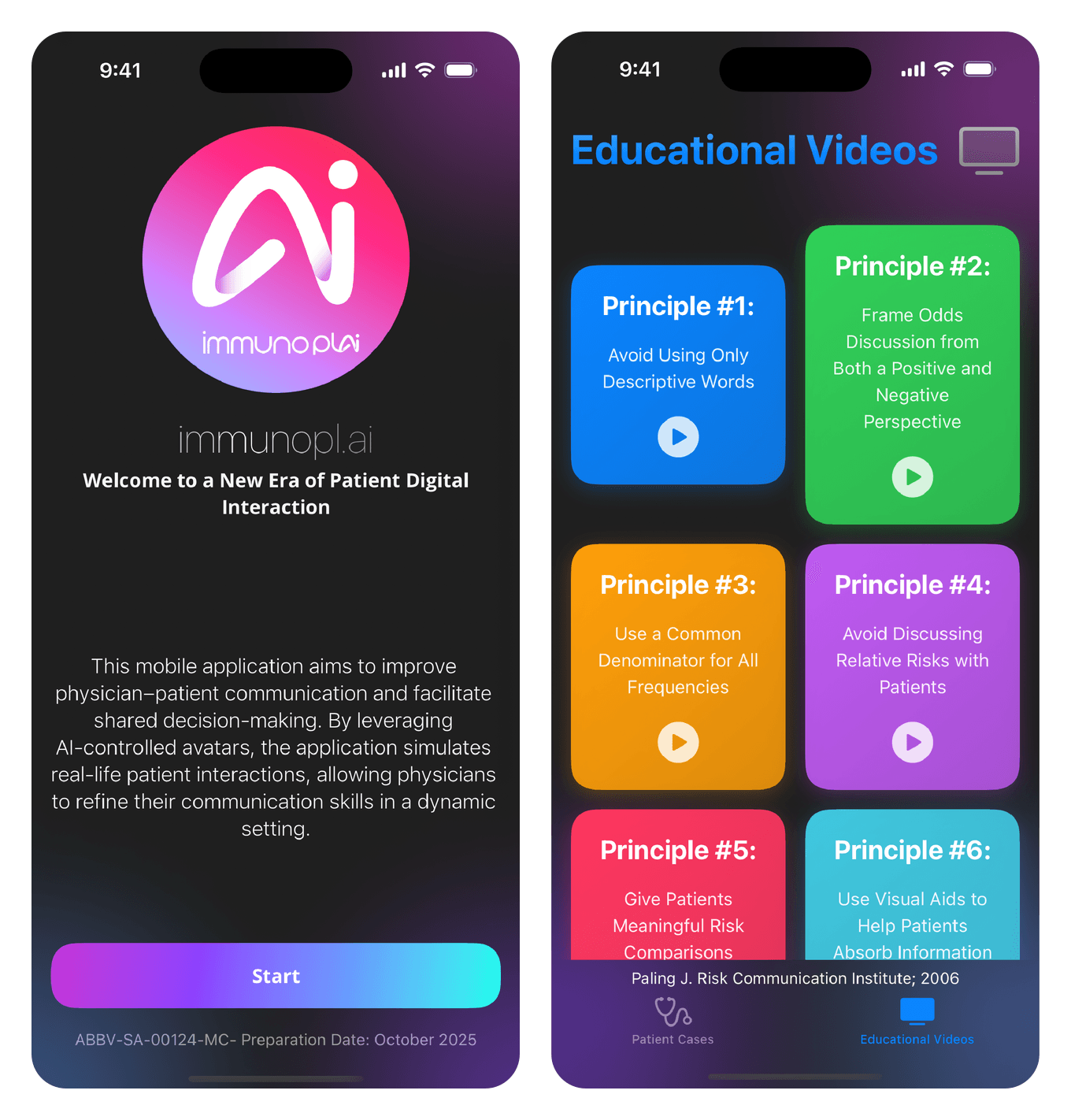 Immuno PL AI on iPhone — the welcome screen explaining that AI-controlled avatars simulate real patient interactions so physicians can practise shared decision-making, beside a grid of six colour-coded risk-communication principles, each with a video