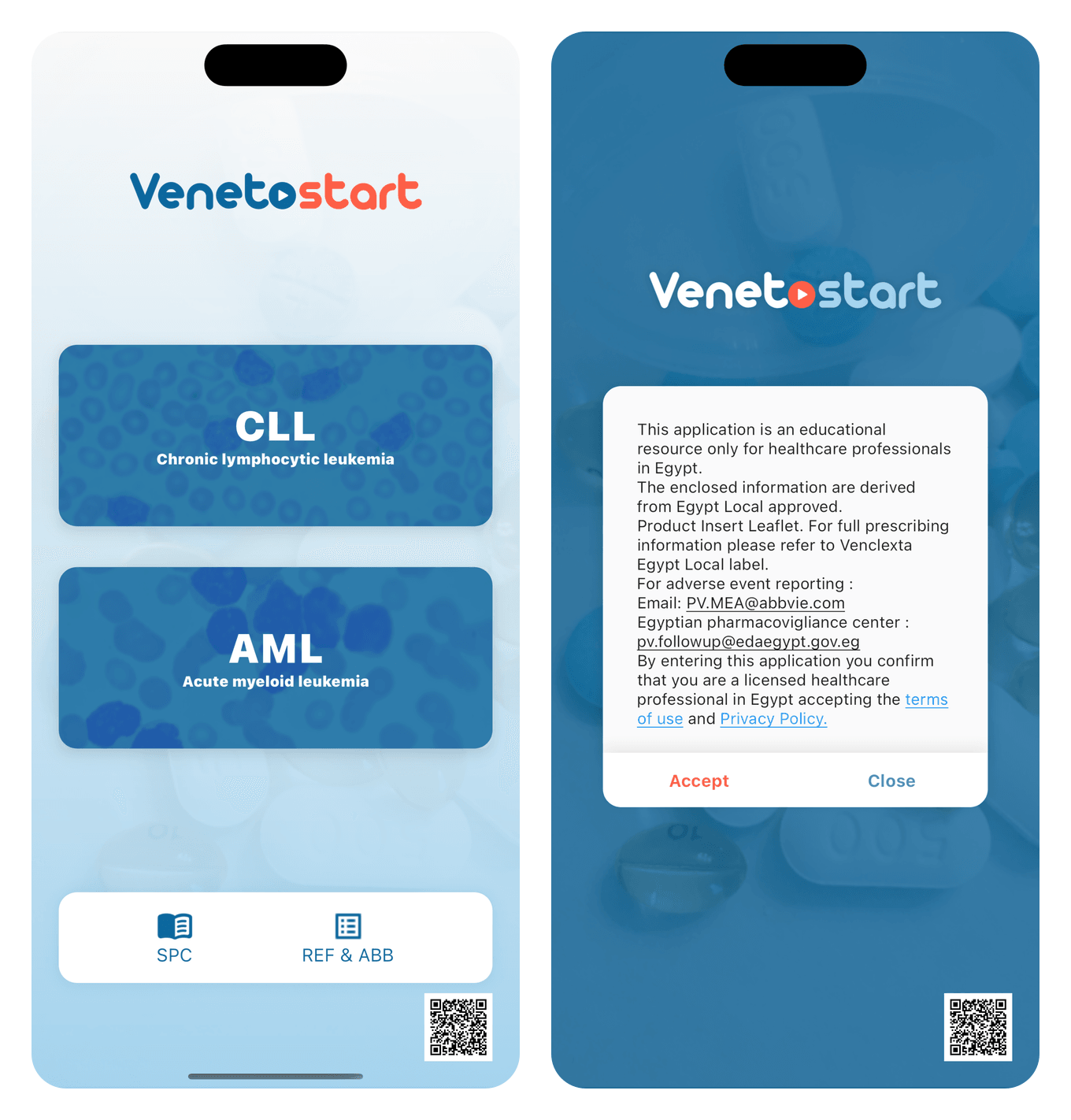 VenetoStart on iPhone — the indication picker offering CLL and AML with SPC and REF & ABB sections, beside the entry gate stating the app is an educational resource for licensed healthcare professionals in Egypt, with adverse-event and pharmacovigilance reporting addresses and Accept or Close